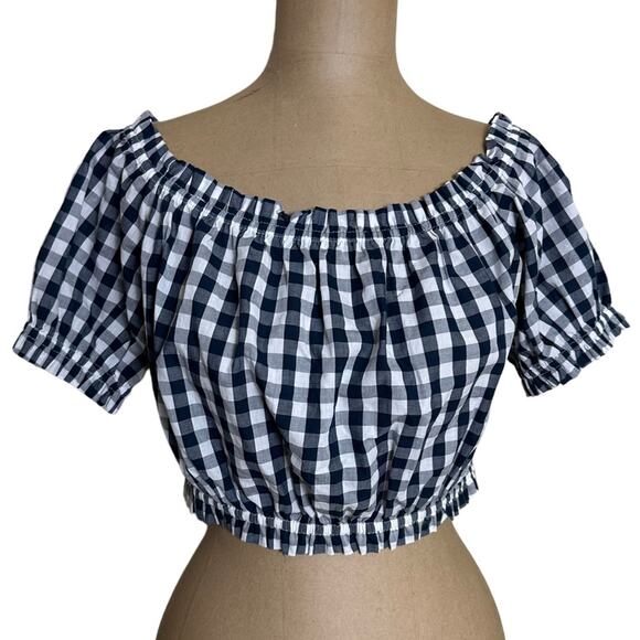 L'Academie Crop Top Small Cotton Checkered Gingham Off Shoulder Short Sleeve - Picture 4 of 7